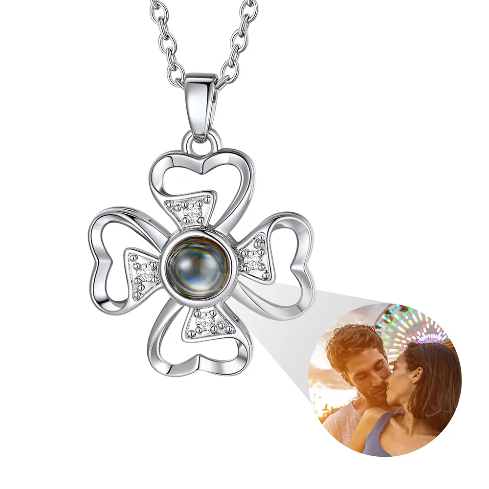 Personalized Four-Leaf Clover Photo Projection silver Necklace