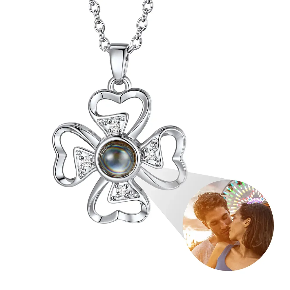 Personalized Four-Leaf Clover Photo Projection silver Necklace