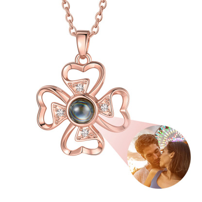 Personalized Four-Leaf Clover Photo Projection rose gold Necklace