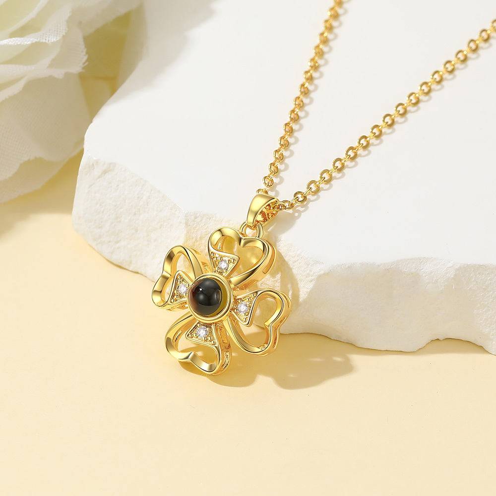 Personalized Four-Leaf Clover Photo Projection Necklace brass