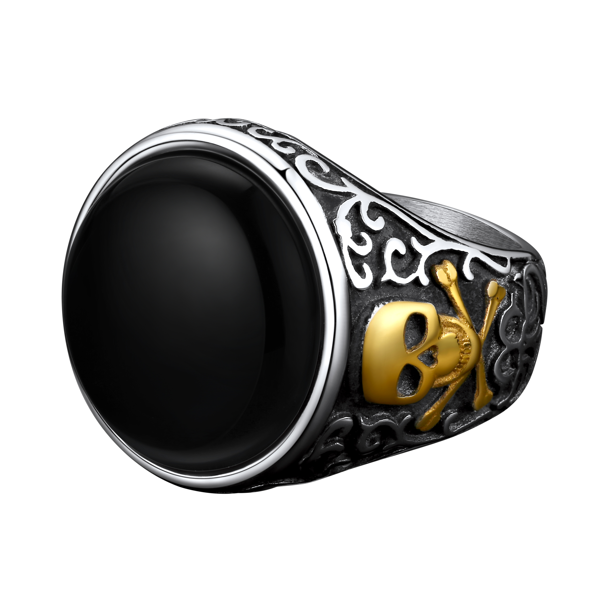 Personalized Gothic Black Onyx Skull Ring for Men silver