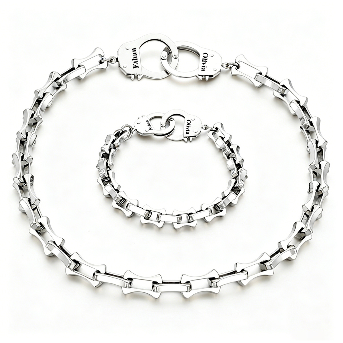Personalized Handcuff Bamboo Link Necklace & Bracelet Set Silver