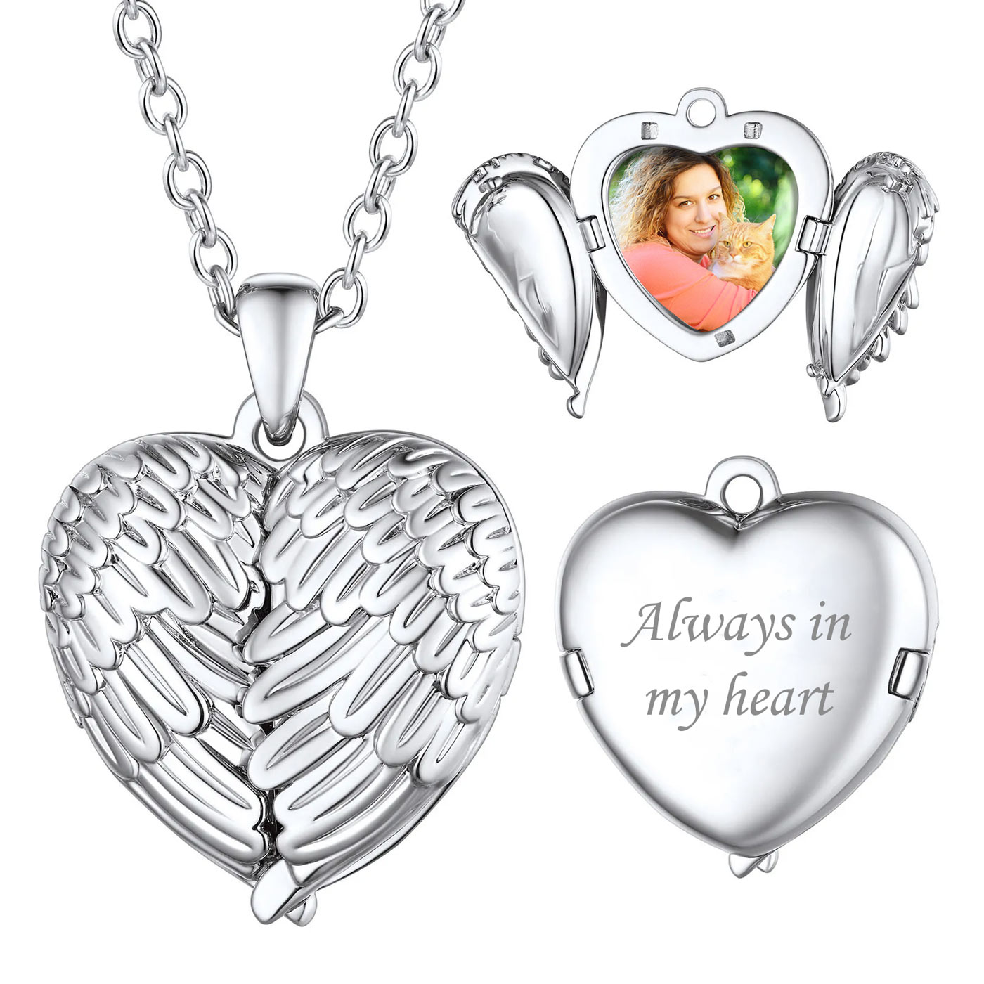 Personalized Heart Angel Wings Locket Necklace with Pictures