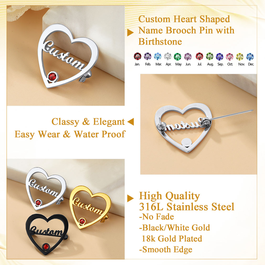 Personalized Heart Brooch pin with Name and Birthstone