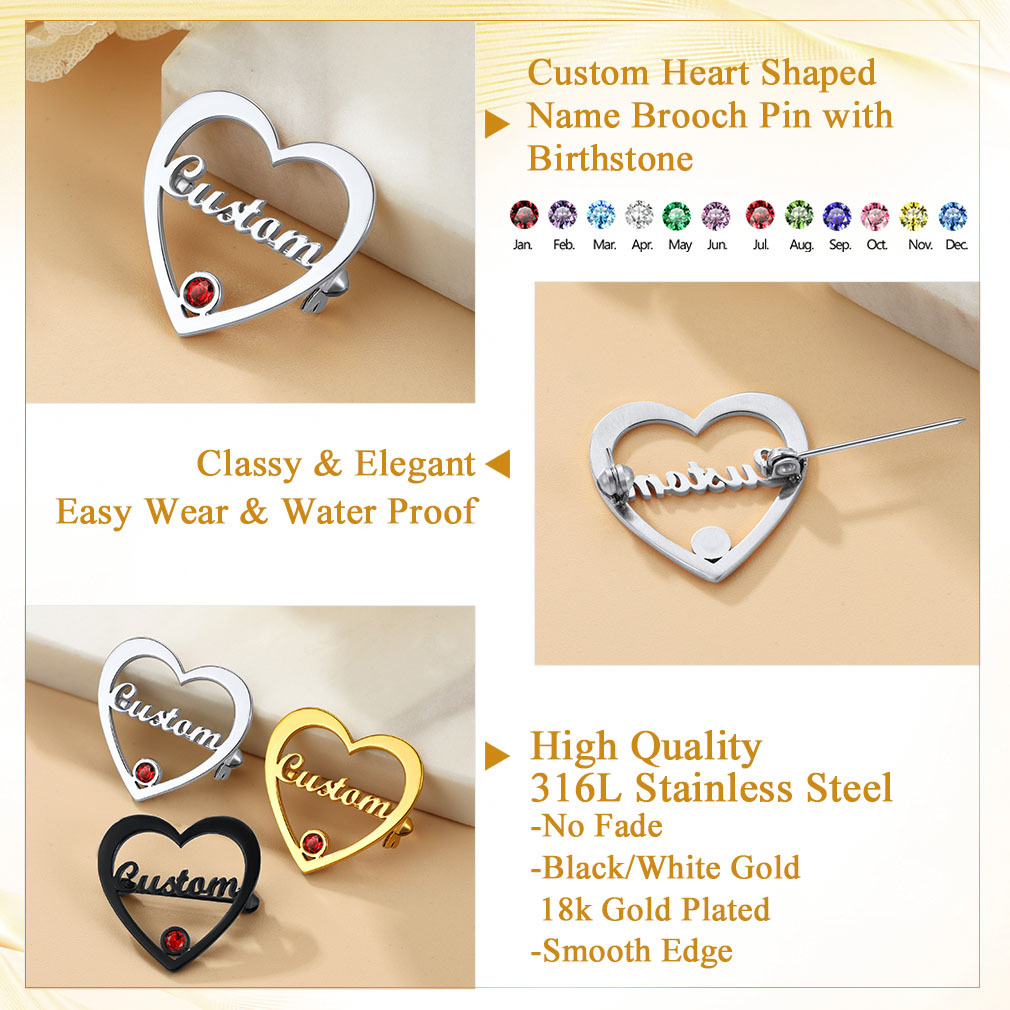 Personalized Heart Brooch pin with Name and Birthstone