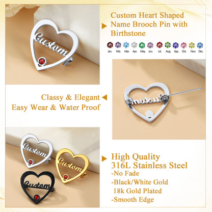 Personalized Heart Brooch pin with Name and Birthstone