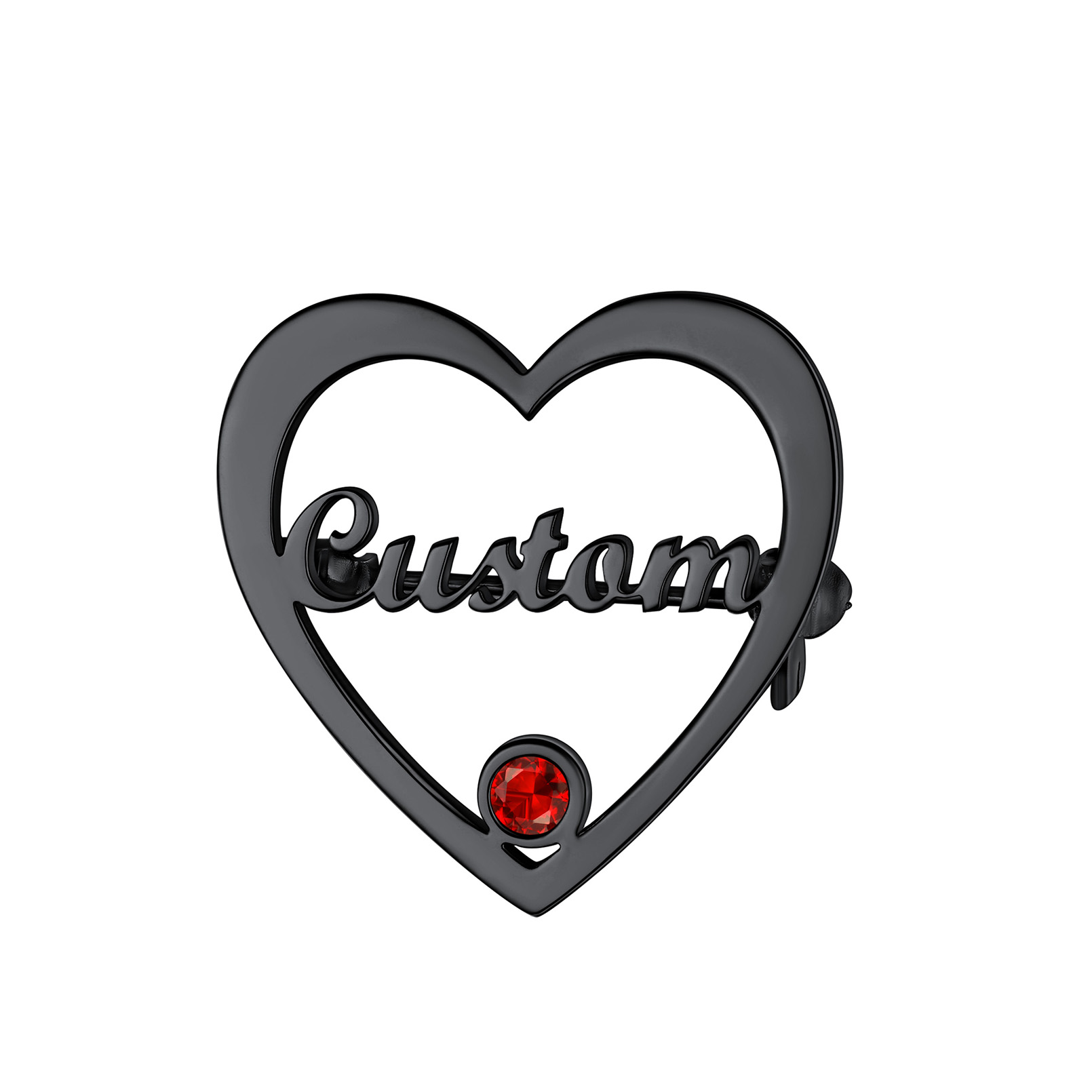 Personalized Heart Brooch with Name and Birthstone black