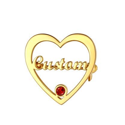 Personalized Heart Brooch with Name and Birthstone gold