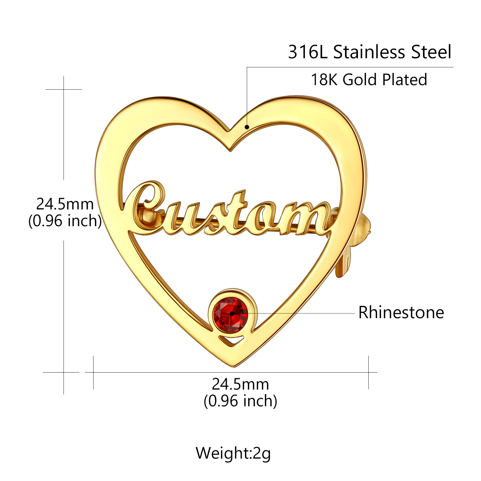Personalized Heart Brooch with Name and Birthstone size