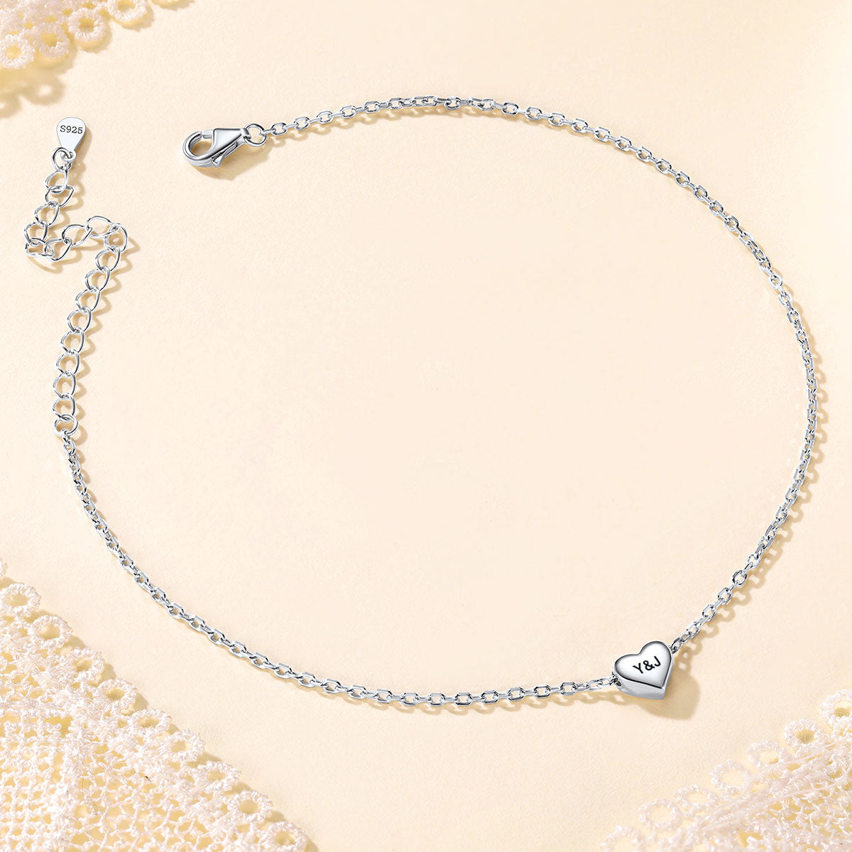 Personalized Heart Charm Anklet in S925 Sterling Silver