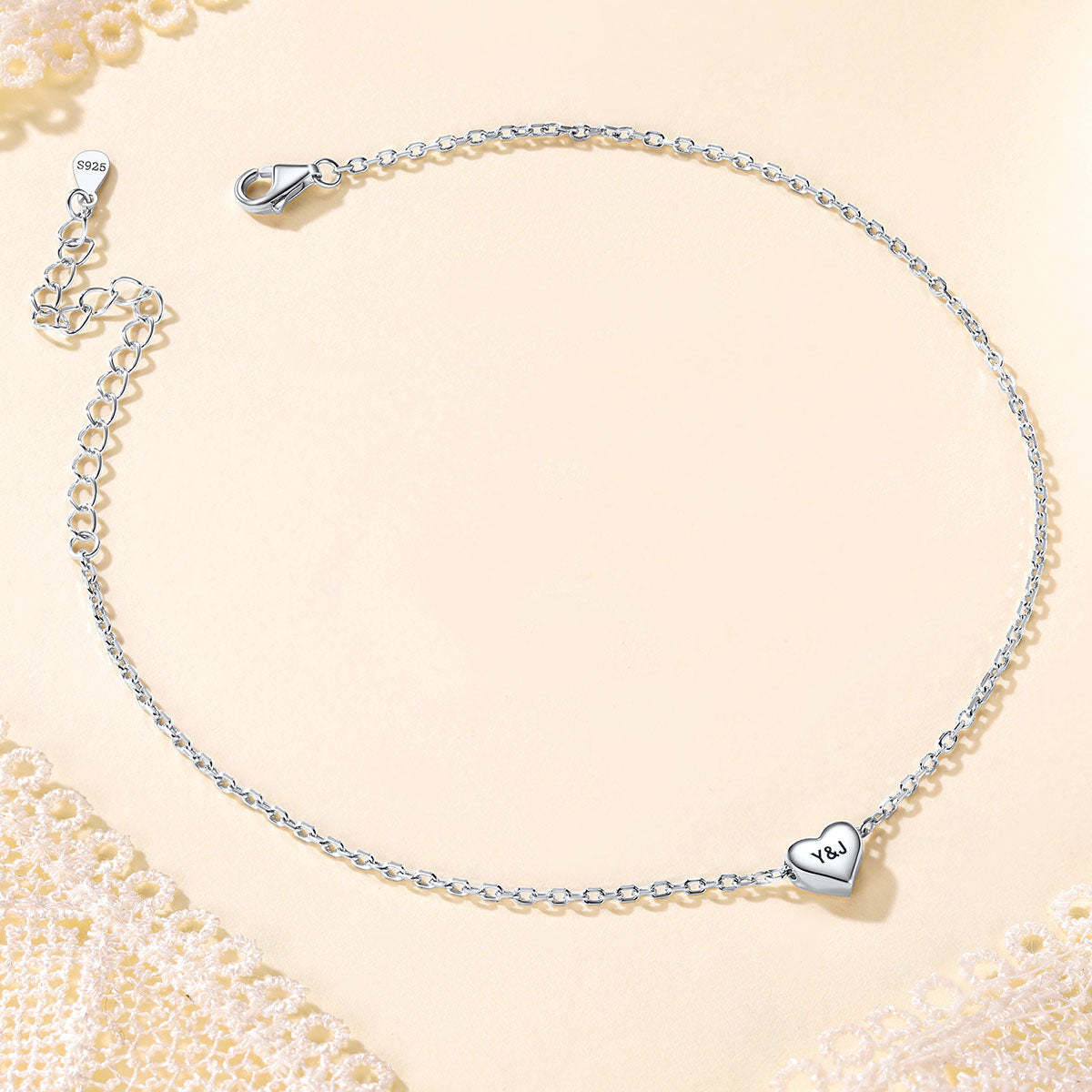 Personalized Heart Charm Anklet in S925 Sterling Silver