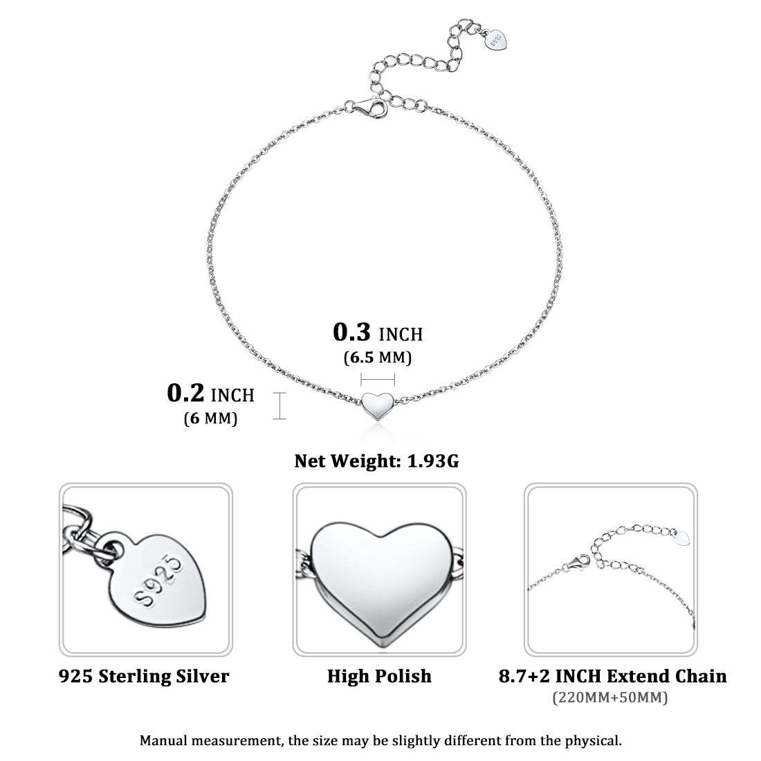 Personalized Heart Charm Anklet in S925 Sterling Silver