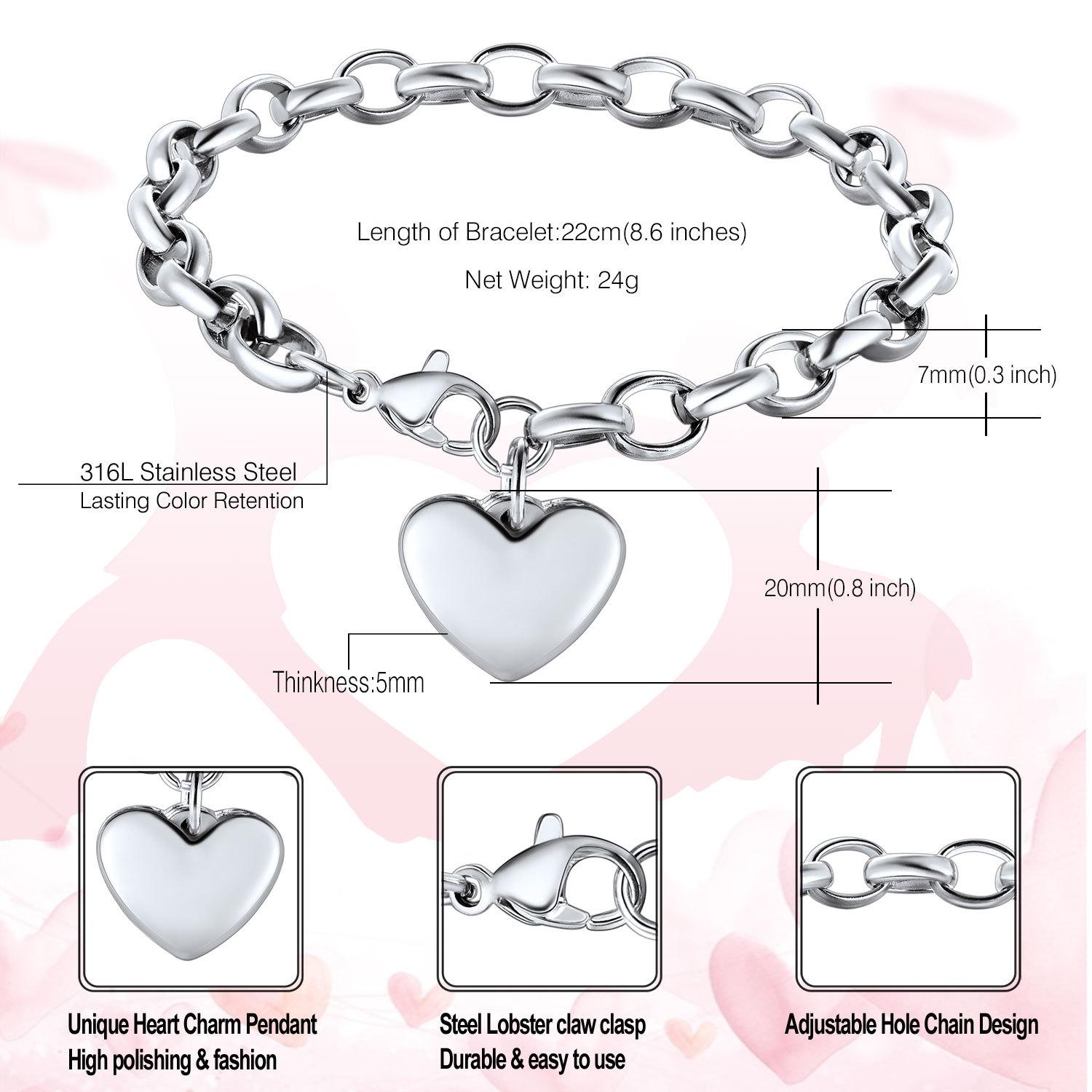 Personalized Heart Charm Gold Bracelet for women size