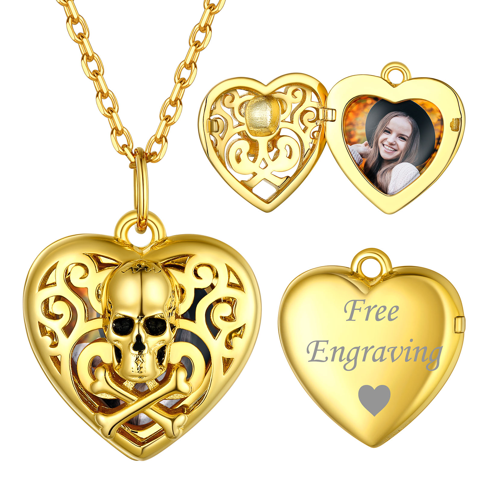 Personalized Heart Locket Skull Photo Necklace