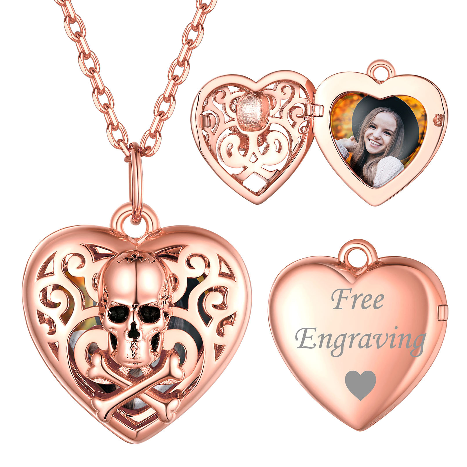 Personalized Heart Locket Skull Photo Necklace