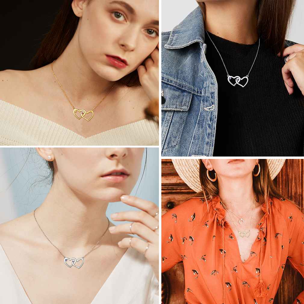 Personalized Heart Necklace with Names and Birthstones model