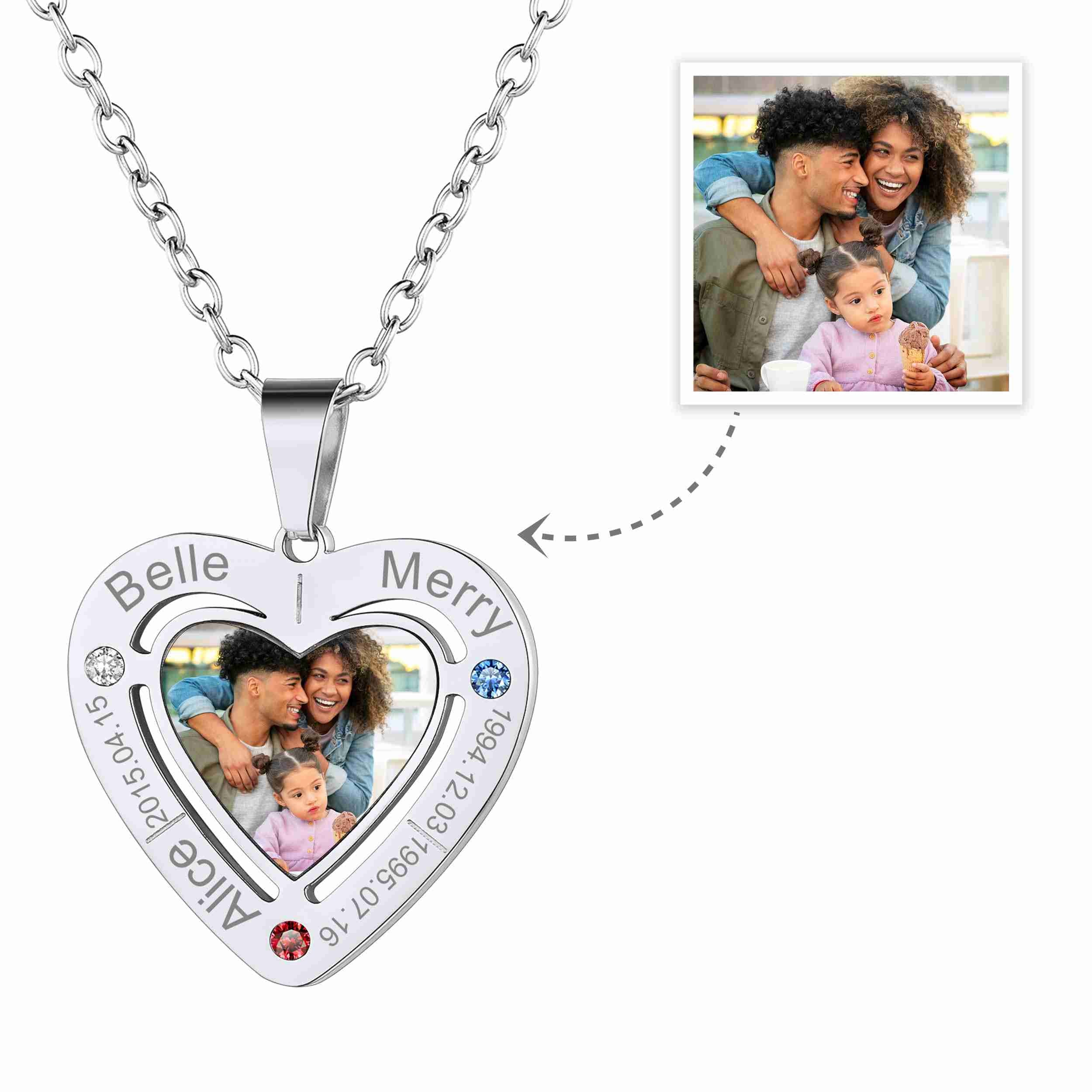 Custom Birthstone Heart Photo Necklace for Mom