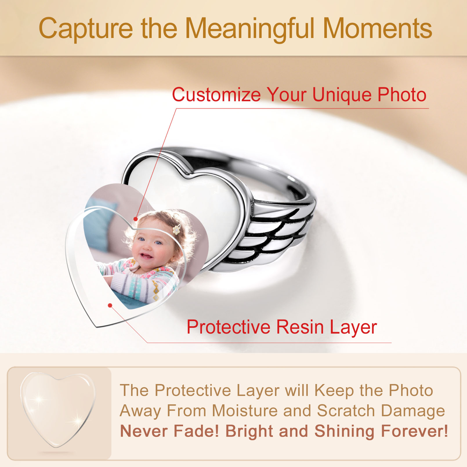 Personalized Heart Photo Rings with Angel Wing 