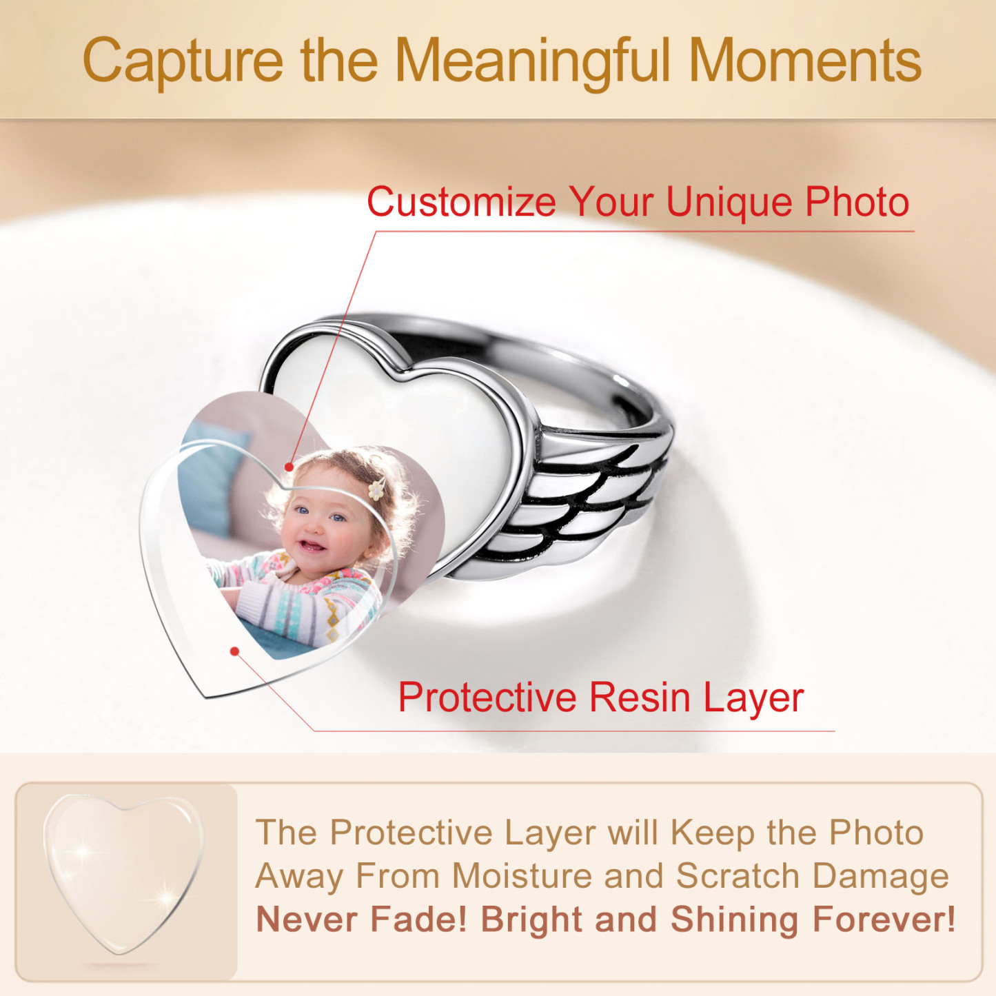 Personalized Heart Photo Rings with Angel Wing 