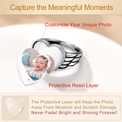 Personalized Heart Photo Rings with Angel Wing 