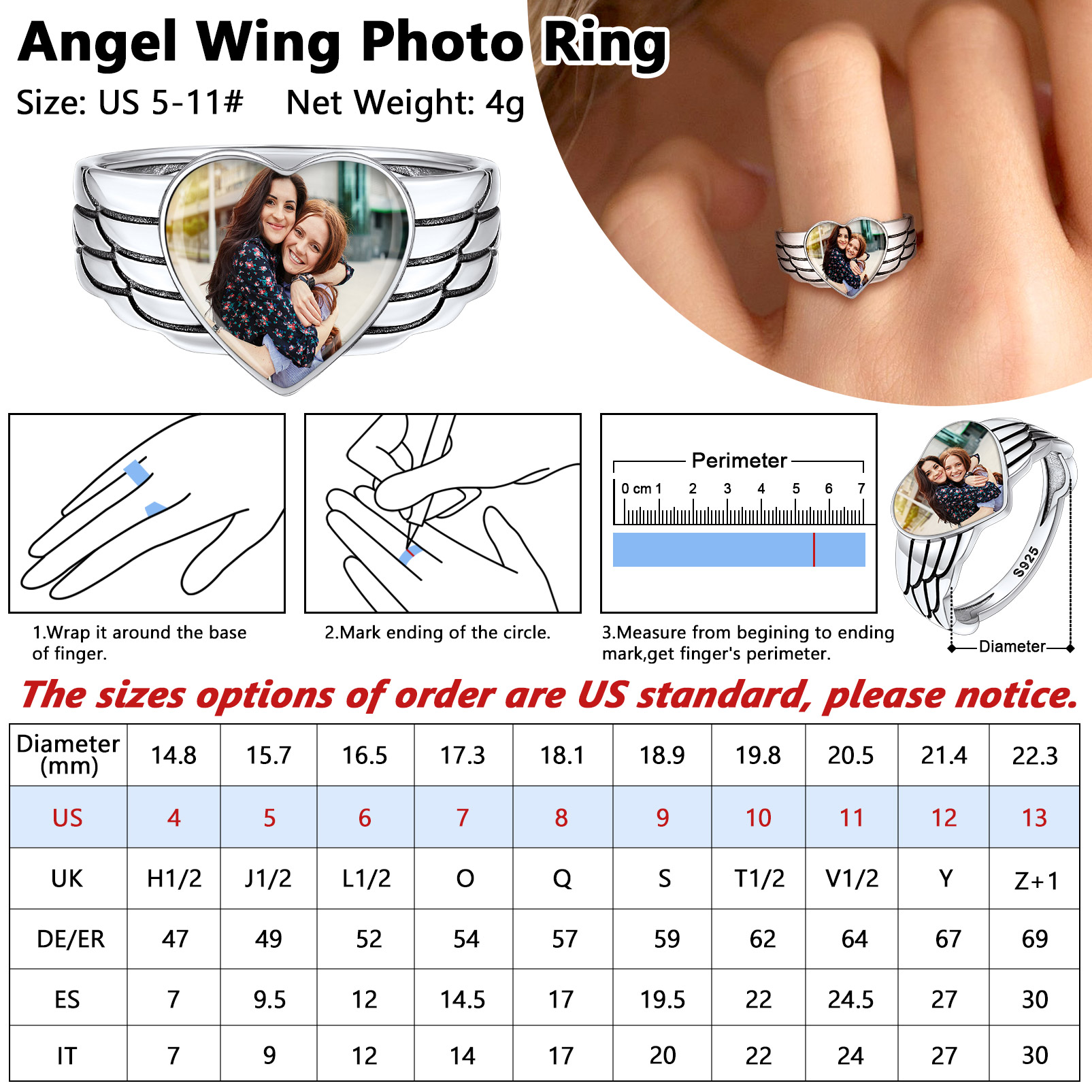 Personalized Heart Photo Rings with Angel Wing for Women SIZE