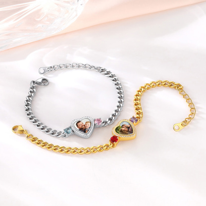 Personalized Heart Picture Birthstone Cuban Link Bracelet for Women