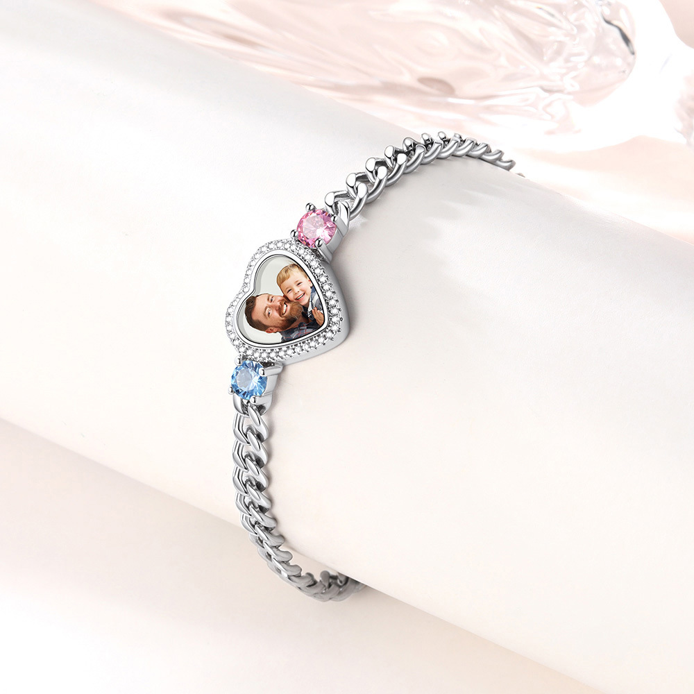 Personalized Heart Picture Birthstone Cuban Link Bracelet for Women