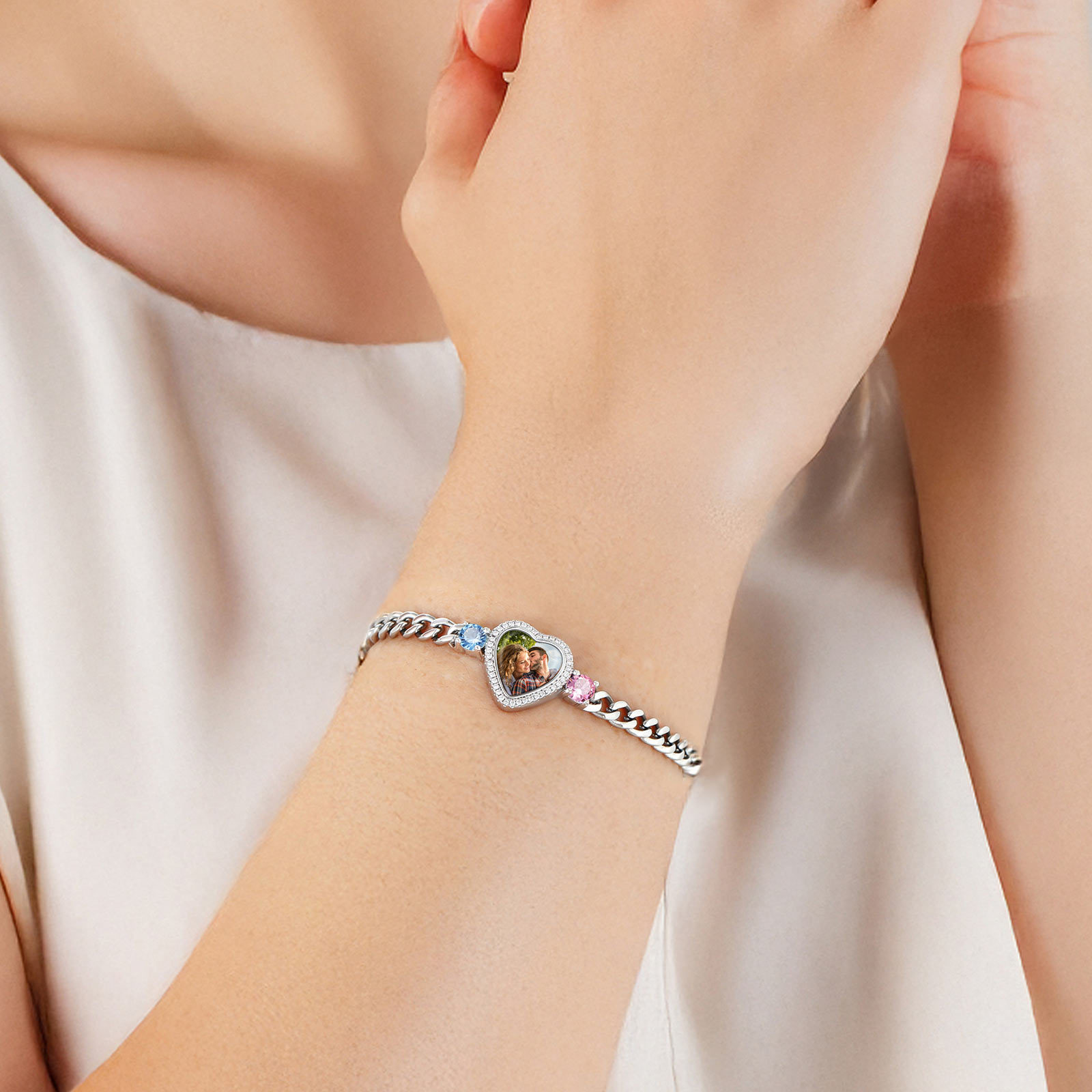 Personalized Heart Picture Birthstone Cuban Link Bracelet for Women