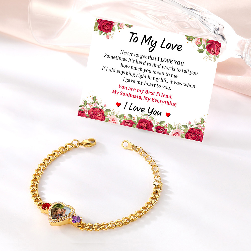 Personalized Heart Picture Birthstone Cuban Link Bracelet for Women