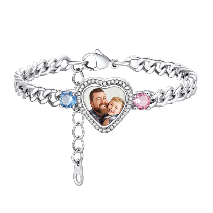 Personalized Heart Picture Birthstone Cuban Link Bracelet for Women