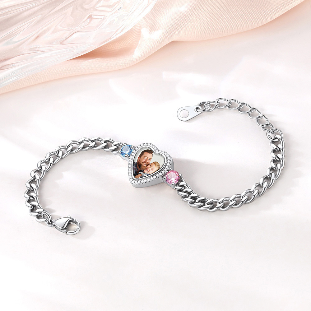 Personalized Heart Picture Birthstone Cuban Link Bracelet for Women