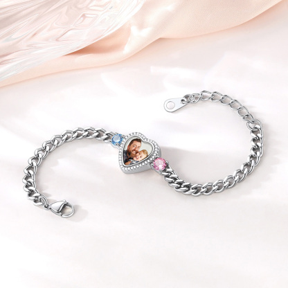 Personalized Heart Picture Birthstone Cuban Link Bracelet for Women