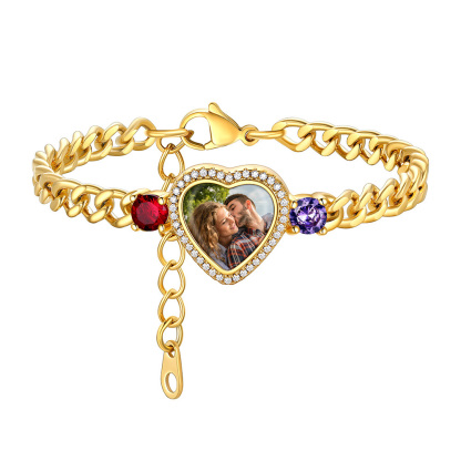 Personalized Heart Picture Birthstone Cuban Link Bracelet for Women