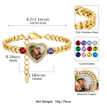 Personalized Heart Picture Birthstone Cuban Link Bracelet for Women