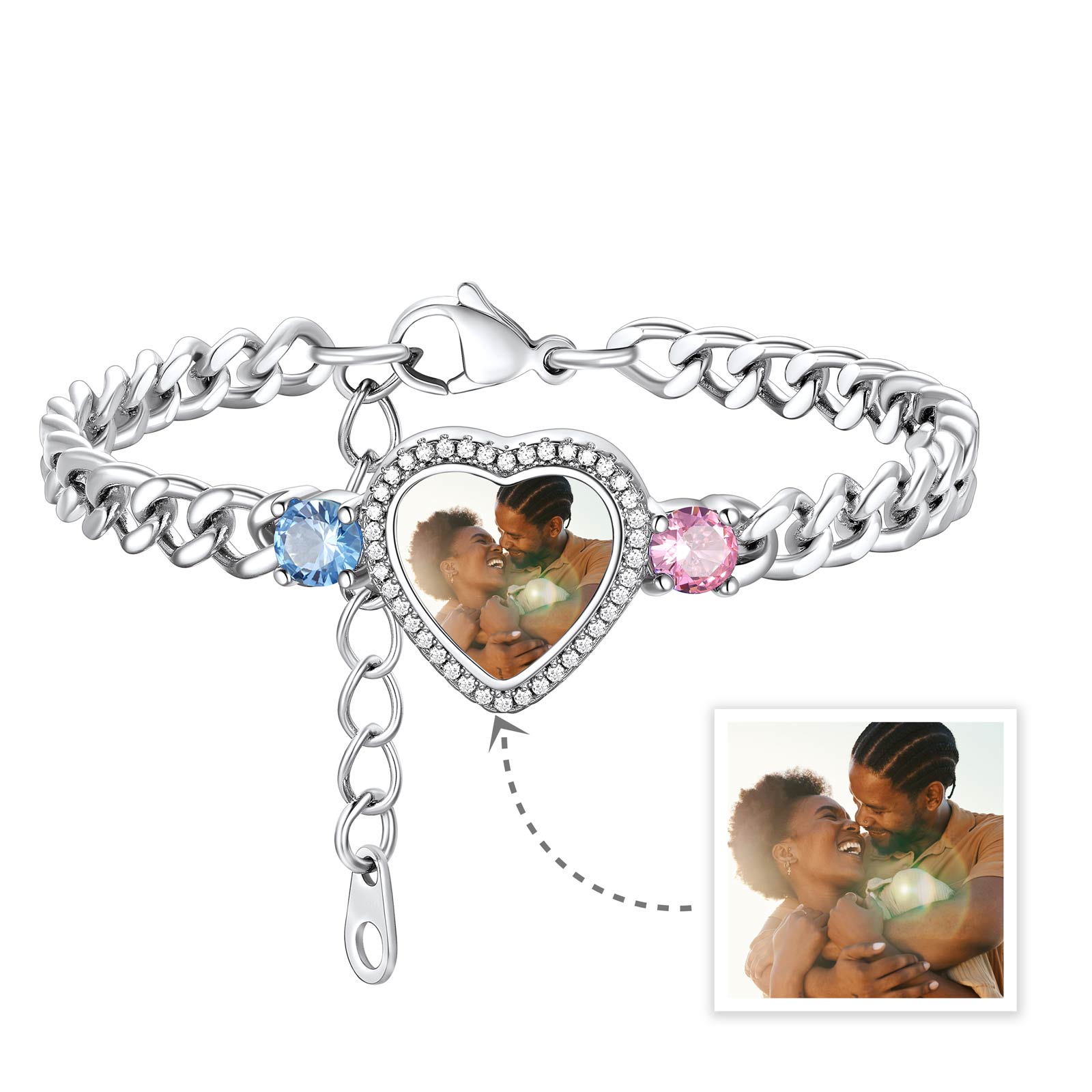 Personalized Heart Picture Birthstone Cuban Link Bracelet for Women