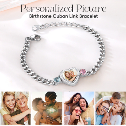 Personalized Heart Picture Birthstone Cuban Link Bracelet for Women