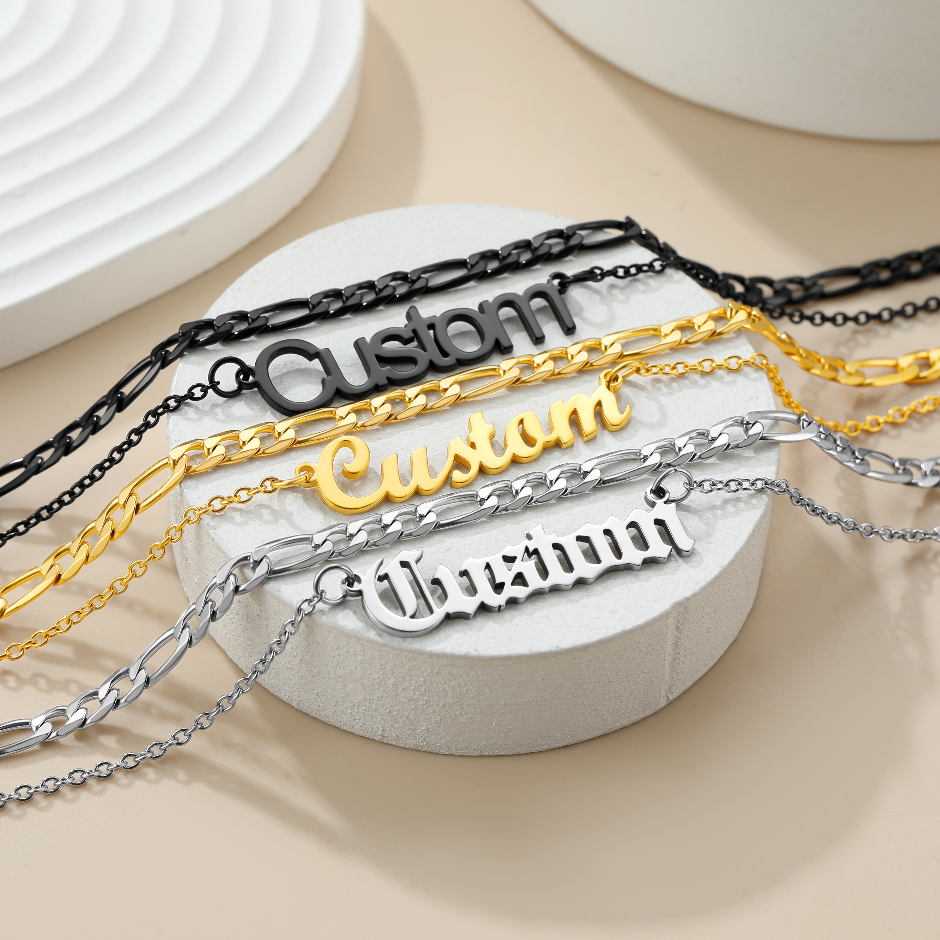 Personalized Layered Name Figaro Chain Nameplate Necklace 3 colors