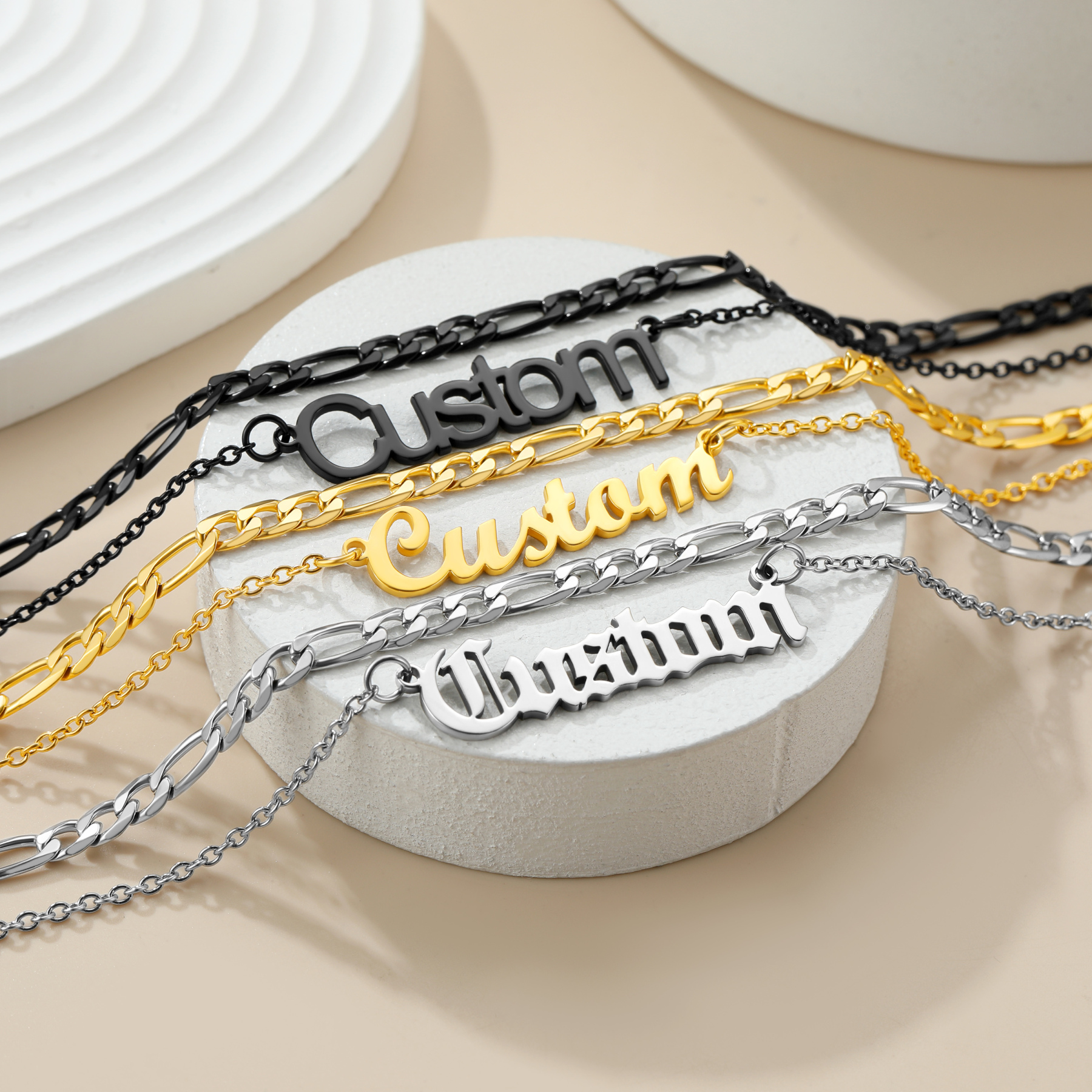 Personalized Layered Name Figaro Chain Nameplate Necklace 3 colors