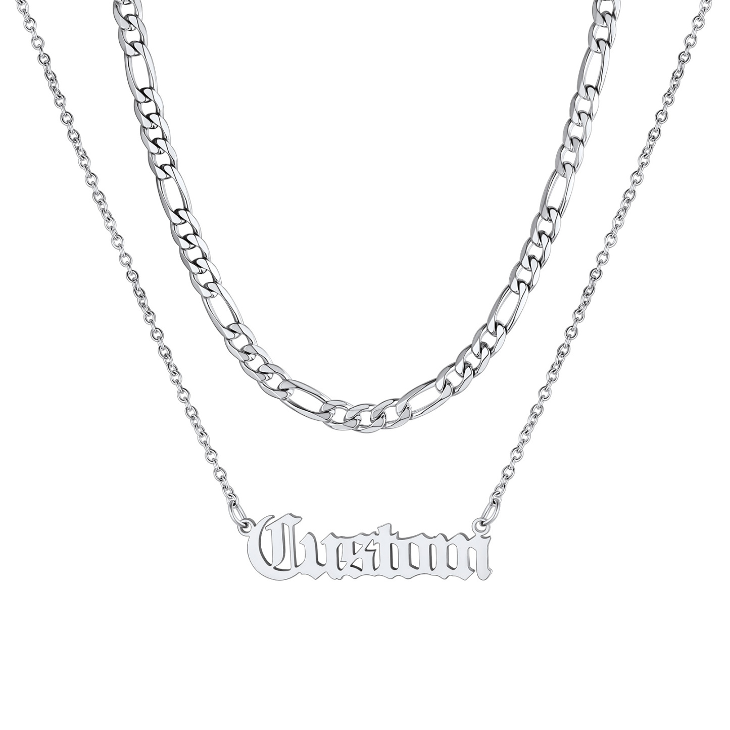 Personalized Layered Name Figaro Chain Nameplate Necklace