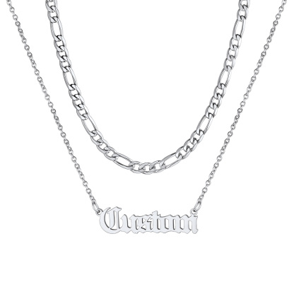 Personalized Layered Name Figaro Chain Nameplate Necklace