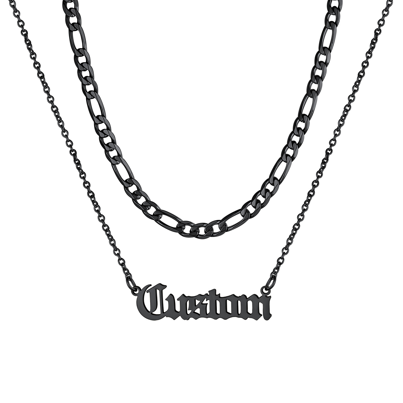 Personalized Layered Name Figaro Chain Nameplate Necklace black