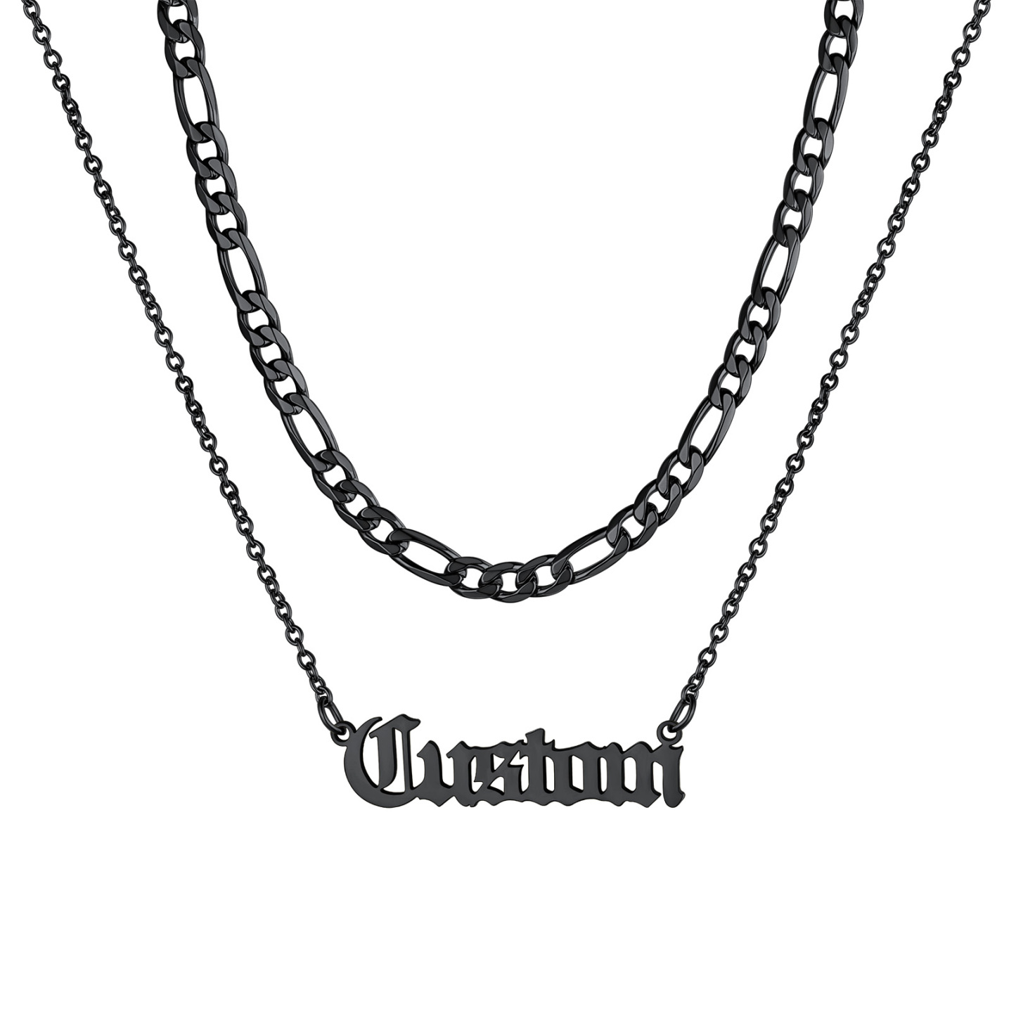 Personalized Layered Name Figaro Chain Nameplate Necklace black