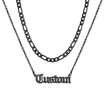 Personalized Layered Name Figaro Chain Nameplate Necklace black