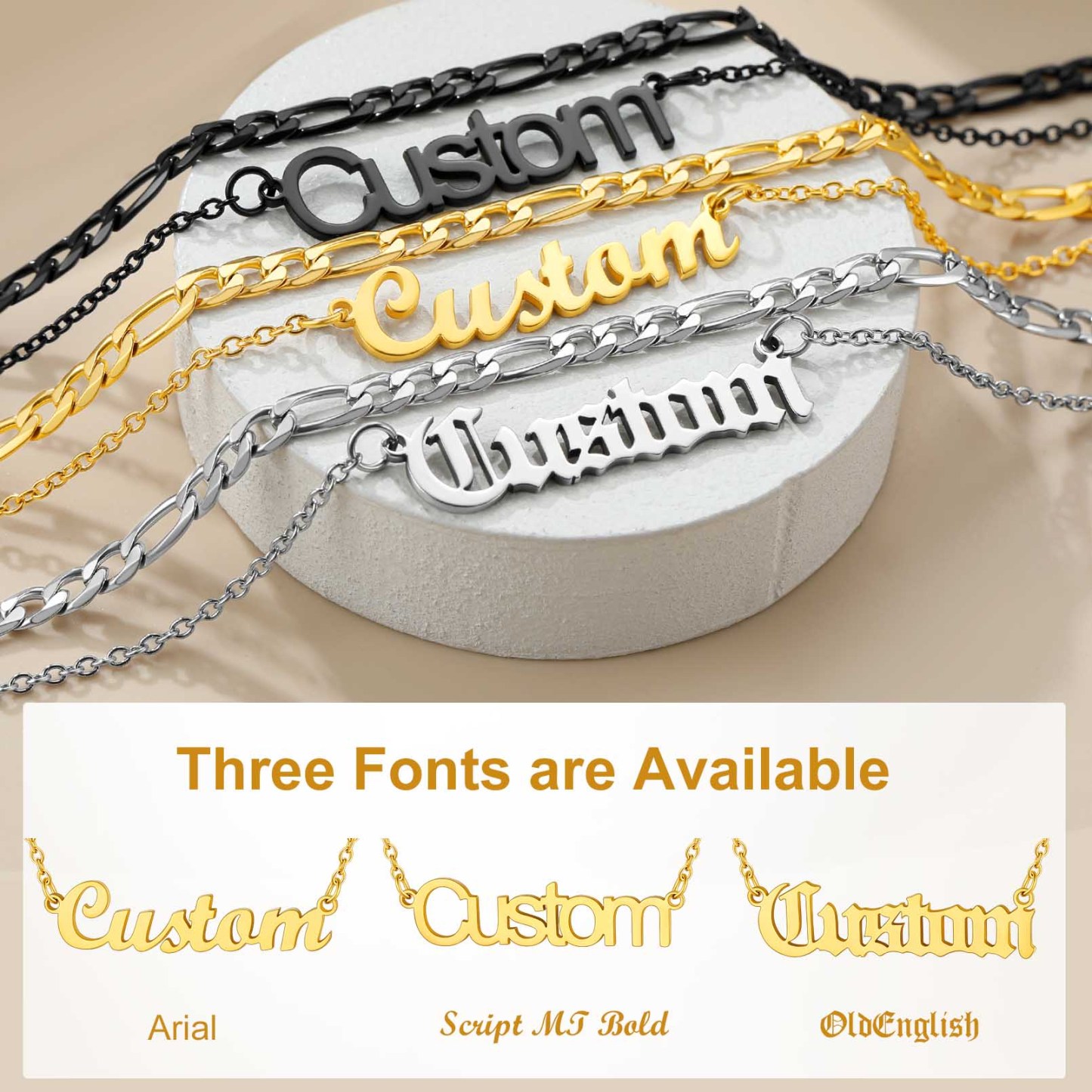 Personalized Layered Name Figaro Chain Nameplate Necklace fonts