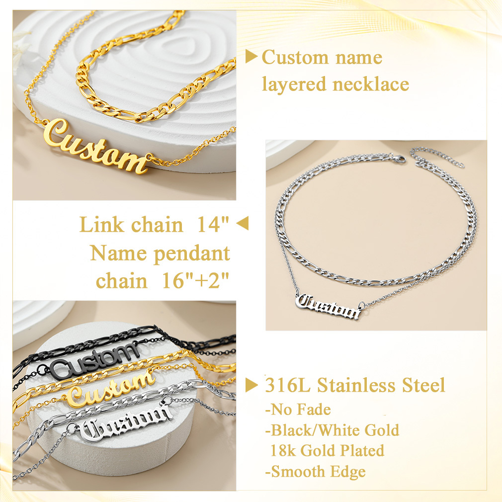 Personalized Layered Name Figaro Chain Nameplate Necklace detail