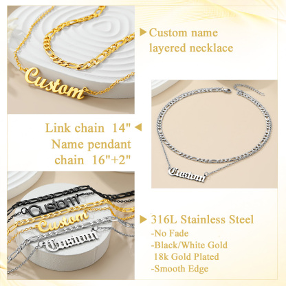 Personalized Layered Name Figaro Chain Nameplate Necklace detail