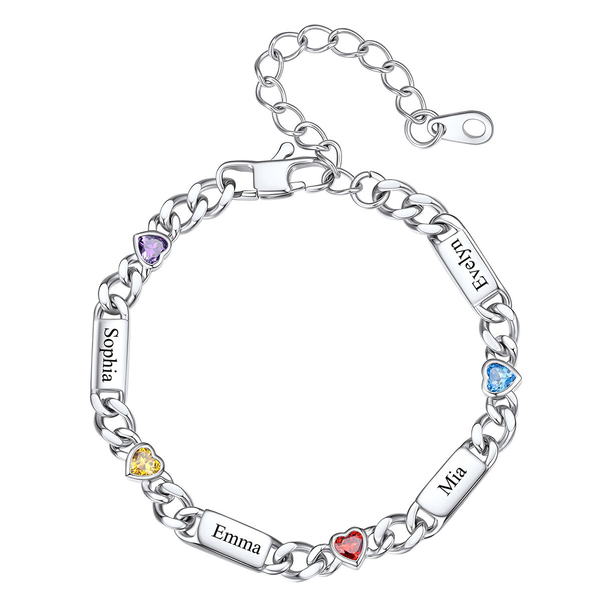 Personalized Multi-Name Cuban Chain Birthstone Bracelet