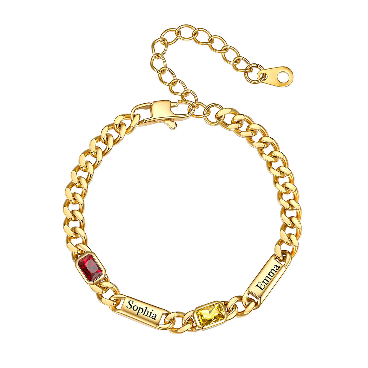 Personalized Multi-Name Cuban Chain Birthstone Bracelet