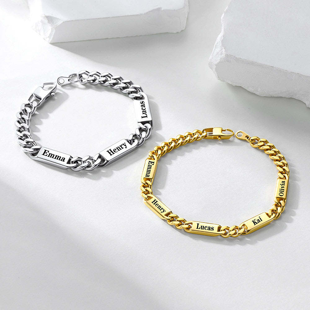 Personalized Multi-Name Cuban Chain Bracelet with Engravable Bars Gold Silver