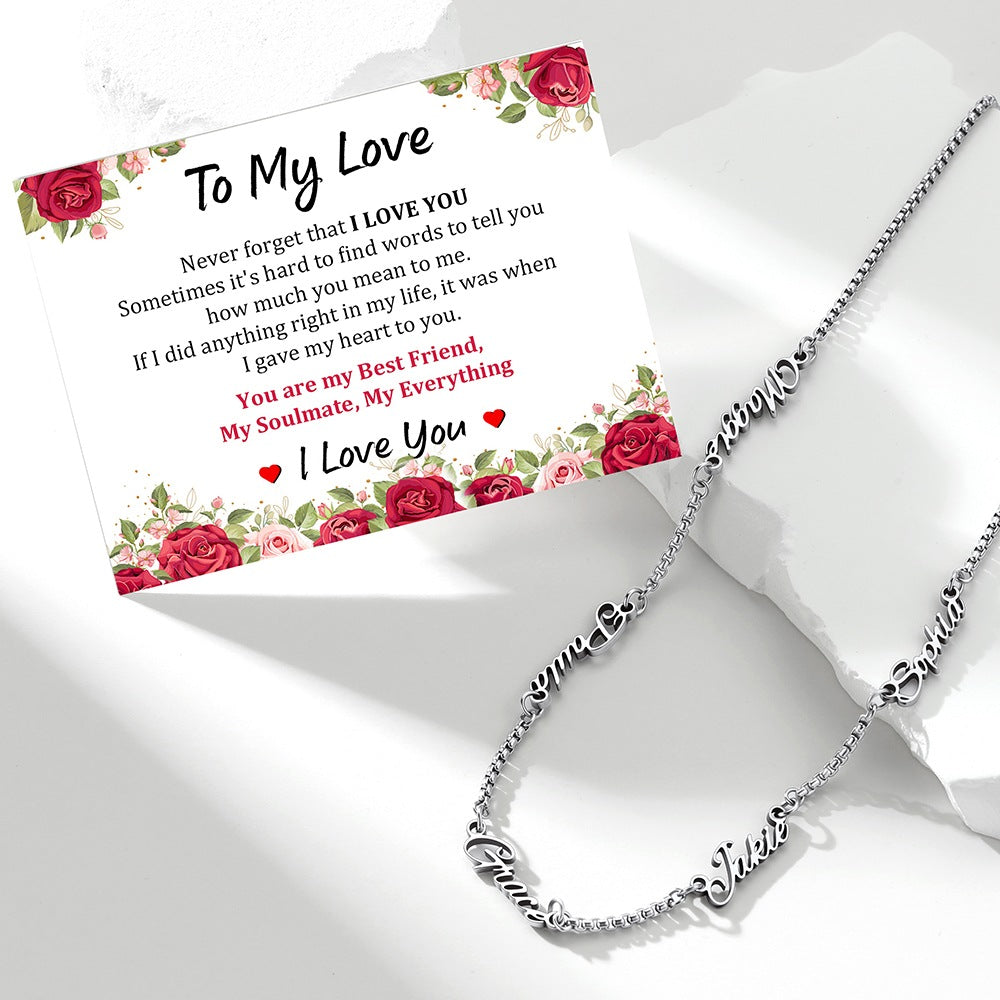 Personalized 3 Nameplate Rolo Chain Necklace with card